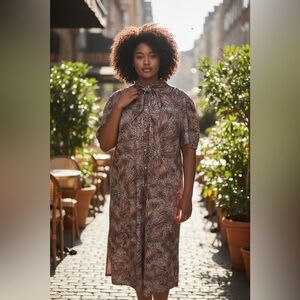 Vintage Dress Lady Jennifer Brown Tan Sheath Dress Neck Bow Union Made Large